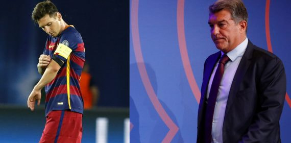 Leo Messi como capitán del Barcelona y Joan Laporta.