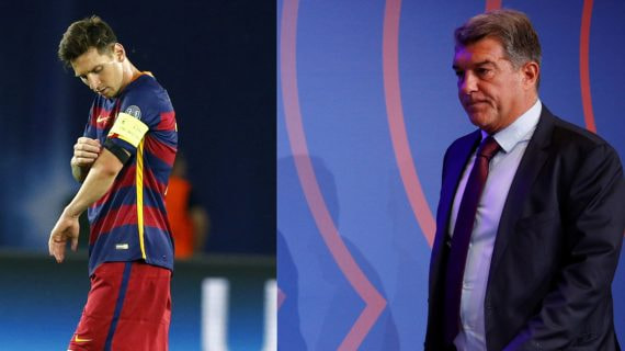 Leo Messi como capitán del Barcelona y Joan Laporta.