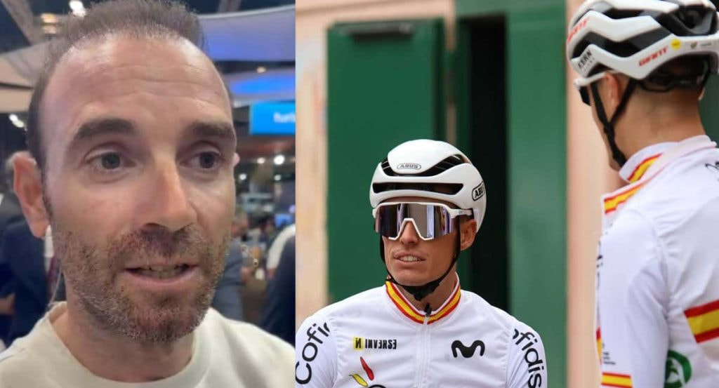Alejandro Valverde, junto a una imagen de Enric Mas y otros corredores antes del último Mundial.