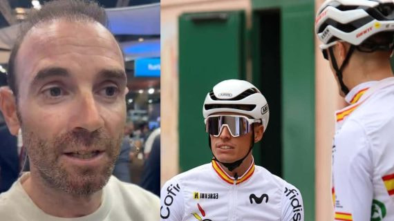 Alejandro Valverde, junto a una imagen de Enric Mas y otros corredores antes del último Mundial.