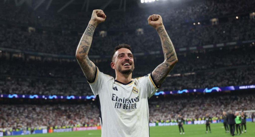 Joselu celebra el pase del Real Madrid a la final de la Champions.