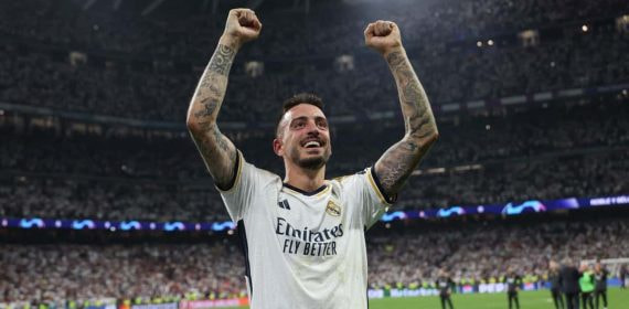 Joselu celebra el pase del Real Madrid a la final de la Champions.