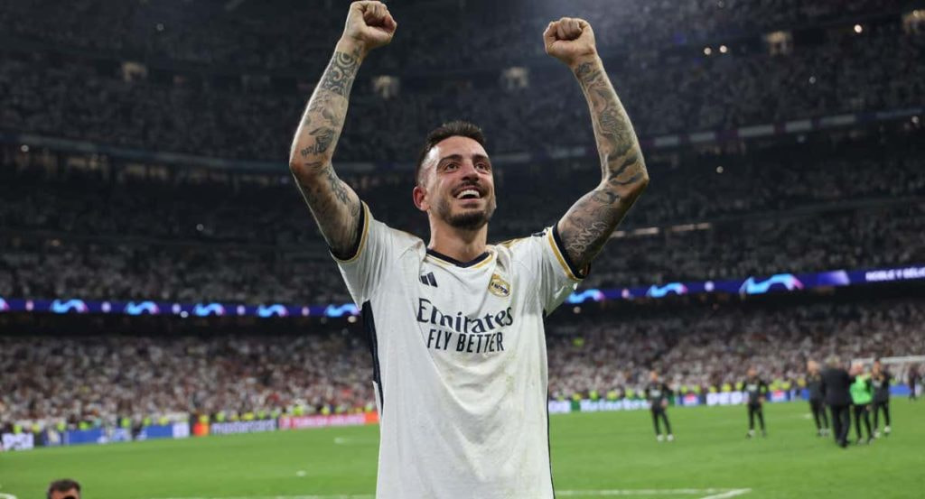 Joselu celebra el triunfo del Madrid ante el Bayern, en la última Champions.