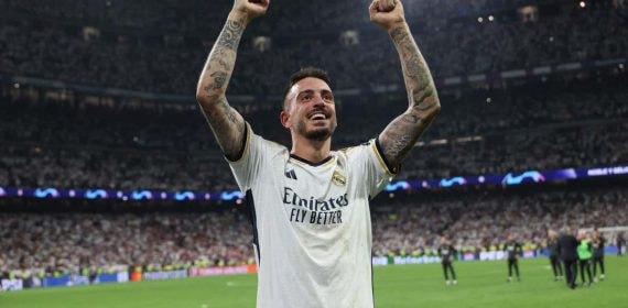 Joselu celebra el triunfo del Madrid ante el Bayern, en la última Champions.