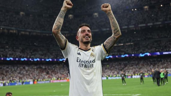 Joselu celebra el triunfo del Madrid ante el Bayern, en la última Champions.