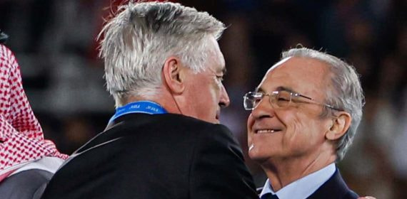Carlos Ancelotti y Florentino Pérez, abrazados en una foto de archivo.