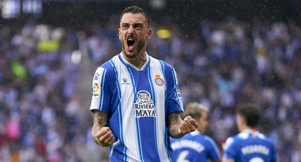 Joselu celebra un gol con el Espanyol.