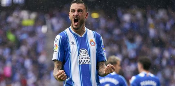 Joselu celebra un gol con el Espanyol.
