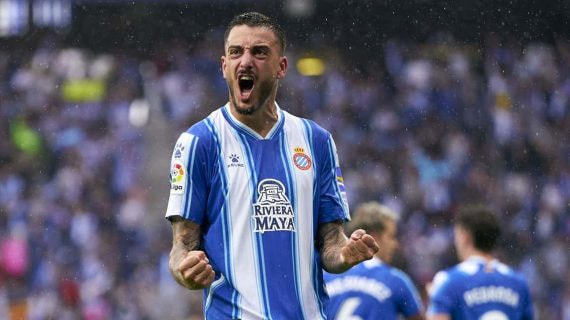 Joselu celebra un gol con el Espanyol.