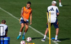 Dani Ceballos, en el entrenamiento de esta mañana del Real Madrid.
