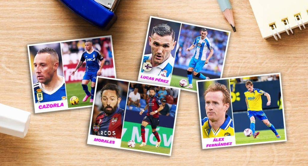 Montaje fotográfico simulando los cromos con jugadores de LaLiga Hypermotion.