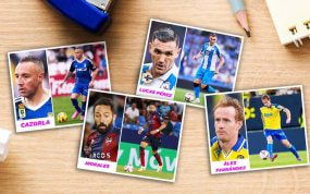 Montaje fotográfico simulando los cromos con jugadores de LaLiga Hypermotion.