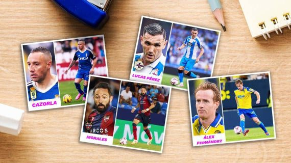 Montaje fotográfico simulando los cromos con jugadores de LaLiga Hypermotion.
