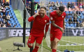 Sergio Ramos, celebra su gol ante el Getafe.
