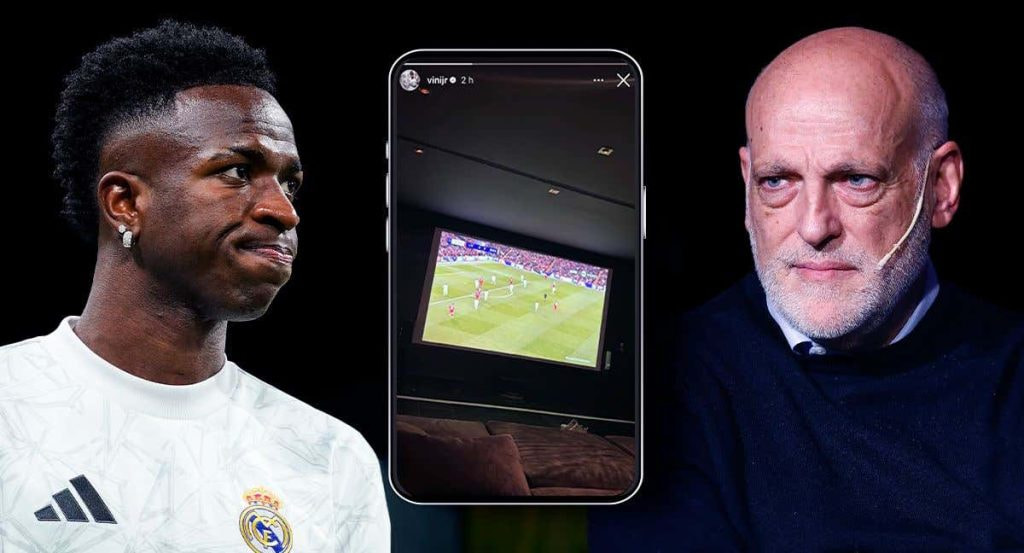 Vinicius colgó en sus redes una imagen del partido contra el Liverpool mientras lo veía en TNT Sports; Tebas lo criticó.