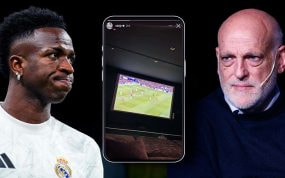 Vinicius colgó en sus redes una imagen del partido contra el Liverpool mientras lo veía en TNT Sports; Tebas lo criticó.