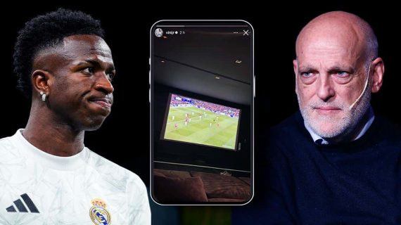 Vinicius colgó en sus redes una imagen del partido contra el Liverpool mientras lo veía en TNT Sports; Tebas lo criticó.