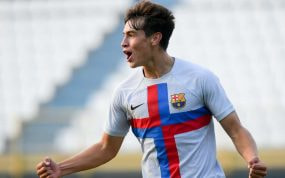Marc Guiu tras marcar un gol con el juvenil blaugrana.