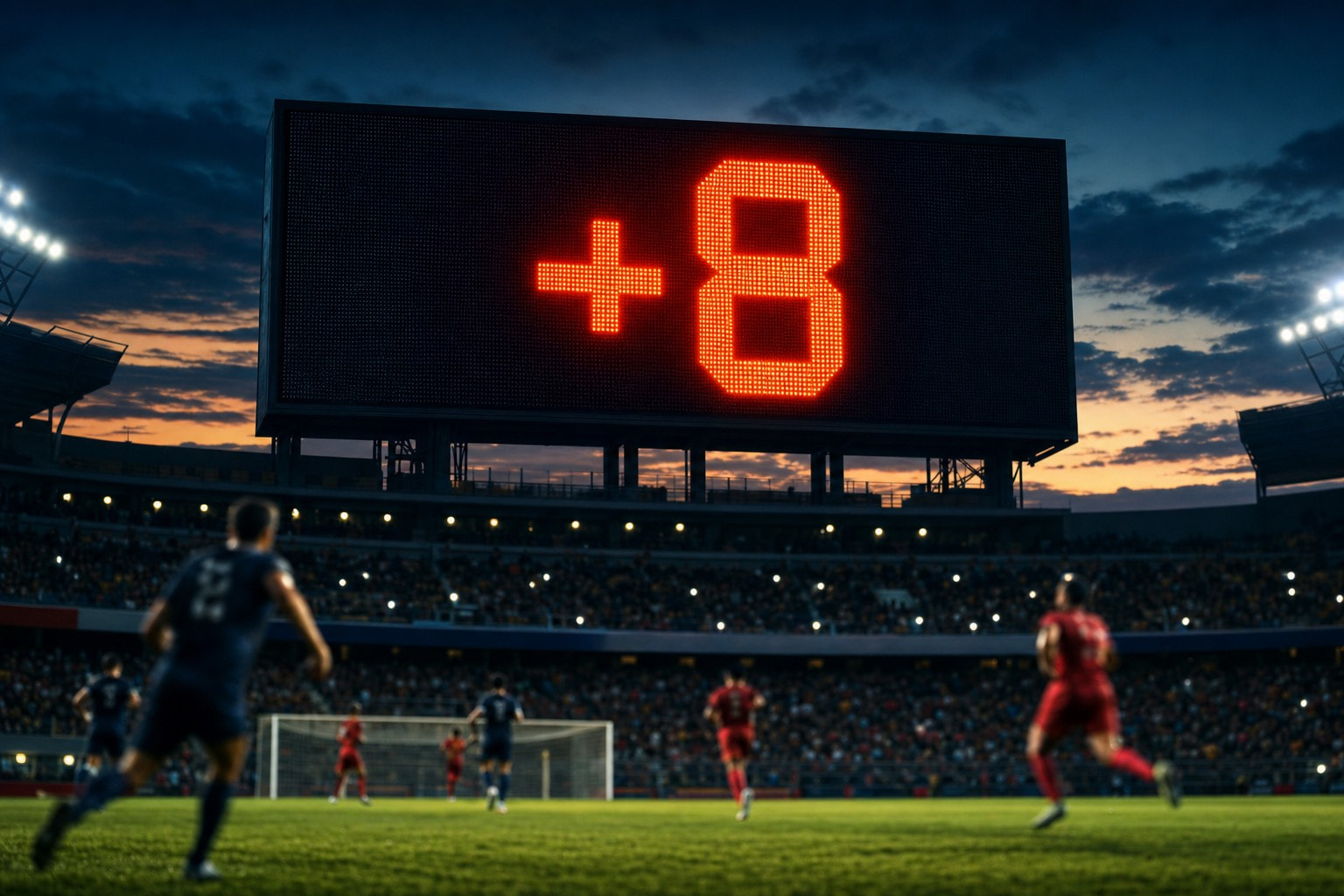 Un marcador LED anuncia ocho minutos de tiempo añadido mientras los jugadores siguen en el campo al anochecer
