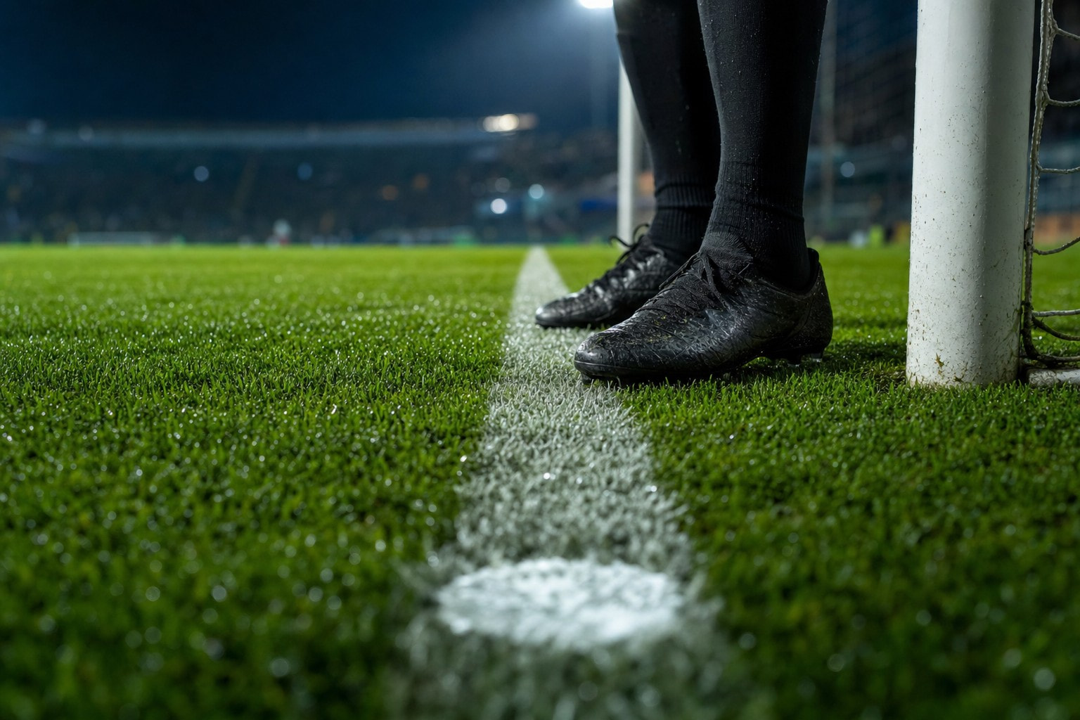 Botas de un futbolista pisando la línea de gol junto al poste de la portería en un estadio de noche
