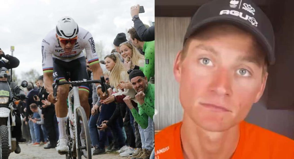 Mathieu van der Poel rueda sobre el pavés con el maillot arcoíris y, a la derecha, primer plano del ciclista con gorra