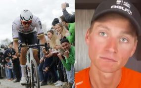 Mathieu van der Poel rueda sobre el pavés con el maillot arcoíris y, a la derecha, primer plano del ciclista con gorra