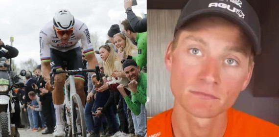 Mathieu van der Poel rueda sobre el pavés con el maillot arcoíris y, a la derecha, primer plano del ciclista con gorra
