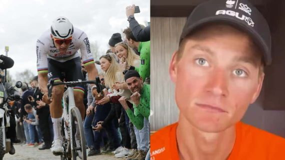 Mathieu van der Poel rueda sobre el pavés con el maillot arcoíris y, a la derecha, primer plano del ciclista con gorra