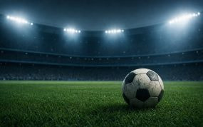 Balón de fútbol sobre el césped de un estadio iluminado por la noche durante el Mundial 2026
