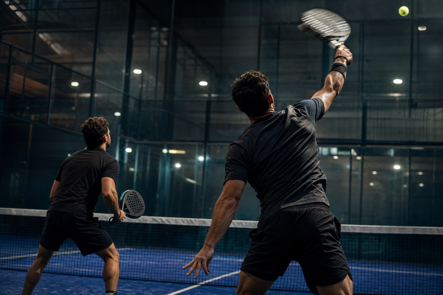 Dos jugadores de pádel en una pista indoor; uno ejecuta un golpe aéreo por encima de la cabeza junto a la red