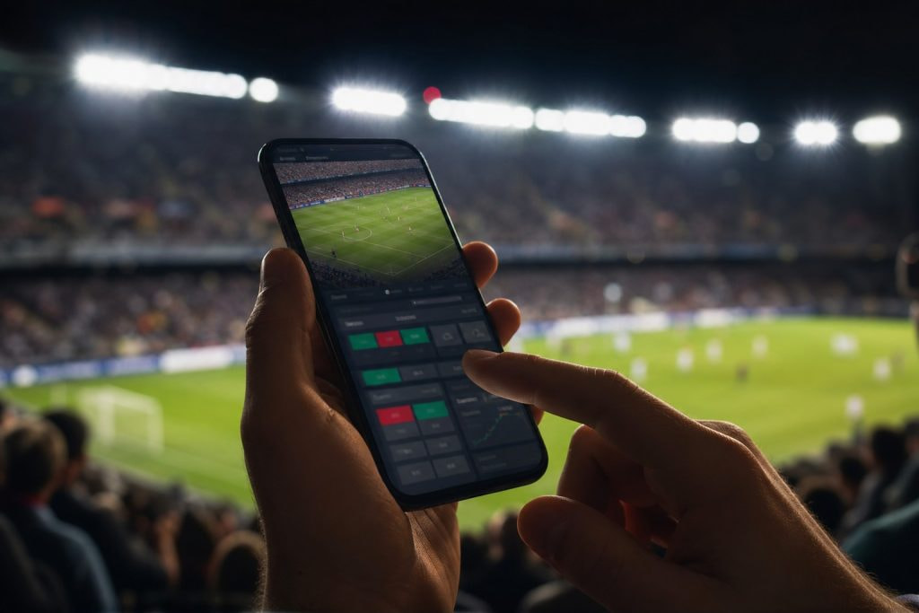 Estadio de fútbol de noche tras un móvil que ilustra el cash out en apuestas deportivas en directo