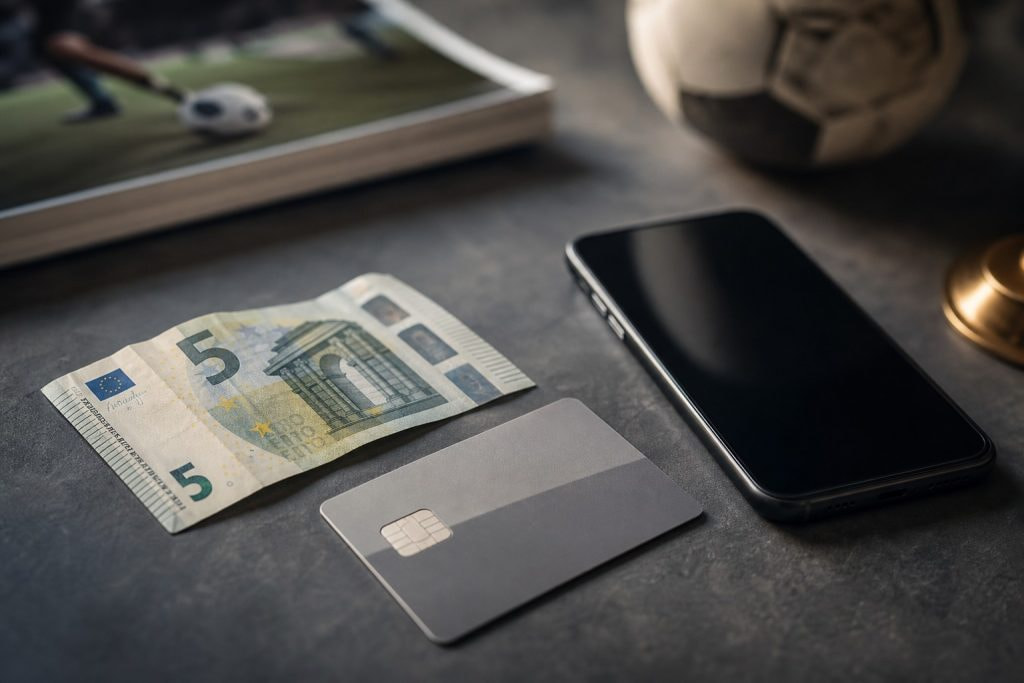 Billete de cinco euros con una tarjeta y un smartphone que ilustran las formas de hacer un depósito mínimo en casas de apuestas