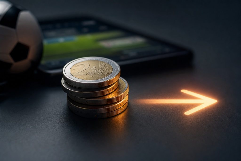 Monedas de euro con una flecha de salida que ilustran la retirada mínima en casas de apuestas con depósito mínimo de 5 euros