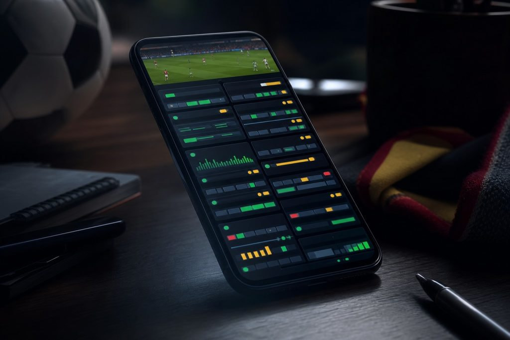 Smartphone con una lista de mercados para apostar en vivo que ilustra la oferta en directo de una casa de apuestas