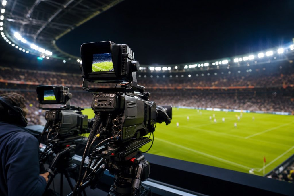 Cámaras de televisión apuntando a un campo de fútbol iluminado que ilustran la retransmisión de apuestas en directo