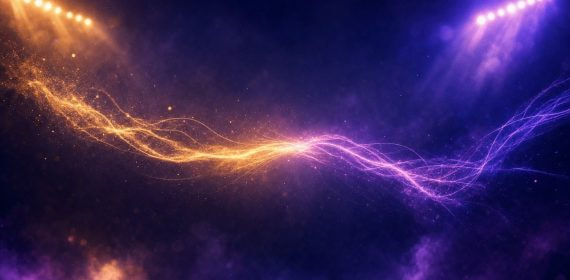 Estela de luz dorada que se funde en violeta bajo focos de estadio, idea de relevo y continuidad de la apuesta