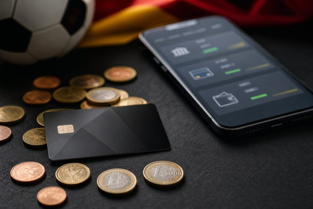 Tarjeta bancaria, monedas y smartphone con los métodos más rápidos de las casas de apuestas con retiro inmediato
