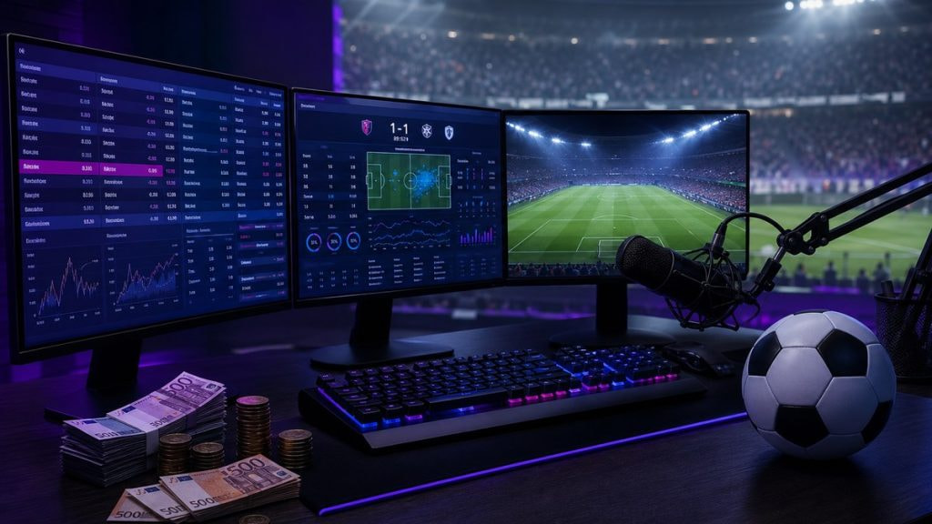 Escritorio de streaming de noche con monitores de cuotas y estadísticas de fútbol en directo, billetes de euro y un balón sobre la mesa