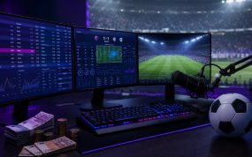 Escritorio de streaming de noche con monitores de cuotas y estadísticas de fútbol en directo, billetes de euro y un balón sobre la mesa