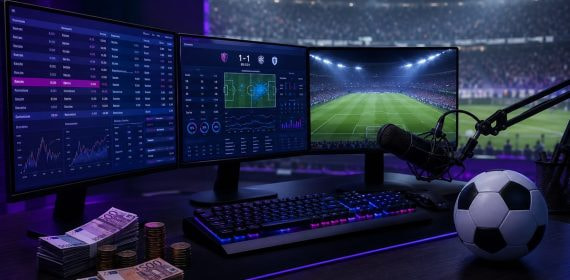 Escritorio de streaming de noche con monitores de cuotas y estadísticas de fútbol en directo, billetes de euro y un balón sobre la mesa