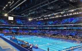 La piscina del Paris La Défense Arena preparada para la competición de waterpolo en París