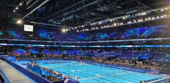 La piscina del Paris La Défense Arena preparada para la competición de waterpolo en París