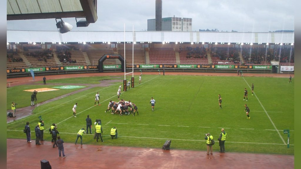 Una melé durante un partido internacional de la selección española de rugby en Santiago de Compostela