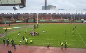 Una melé durante un partido internacional de la selección española de rugby en Santiago de Compostela