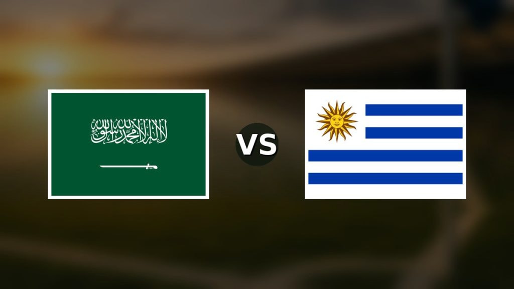 Banderas de Arabia Saudí y Uruguay enfrentadas sobre un campo de fútbol difuminado, pronóstico del Mundial 2026