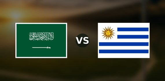 Banderas de Arabia Saudí y Uruguay enfrentadas sobre un campo de fútbol difuminado, pronóstico del Mundial 2026