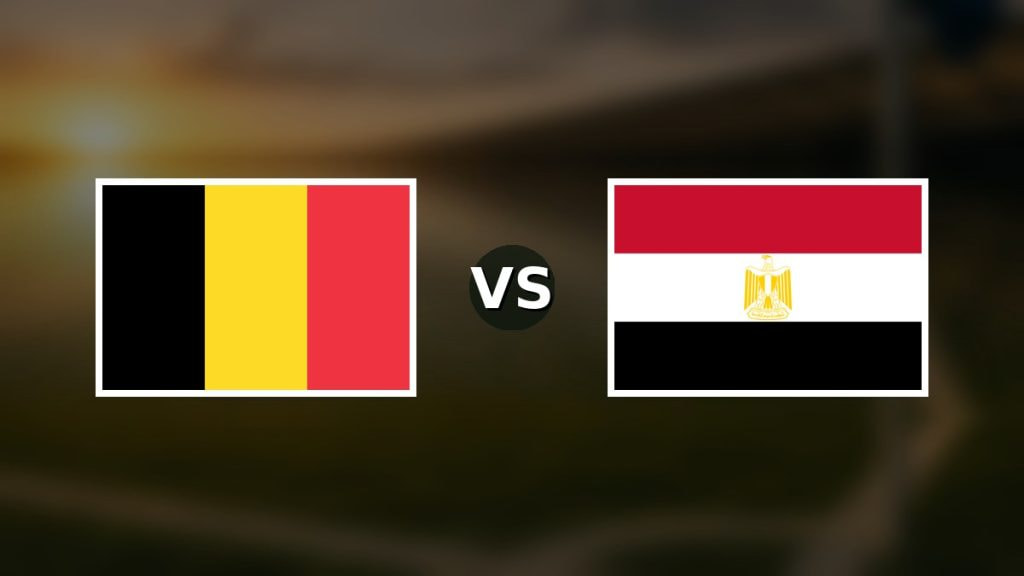 Banderas de Bélgica y Egipto enfrentadas sobre un campo de fútbol difuminado, pronóstico del Mundial 2026