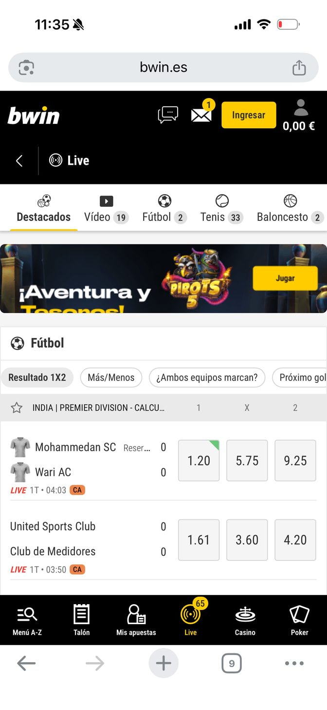 Captura de pantalla de la sección de apuestas en directo de bwin