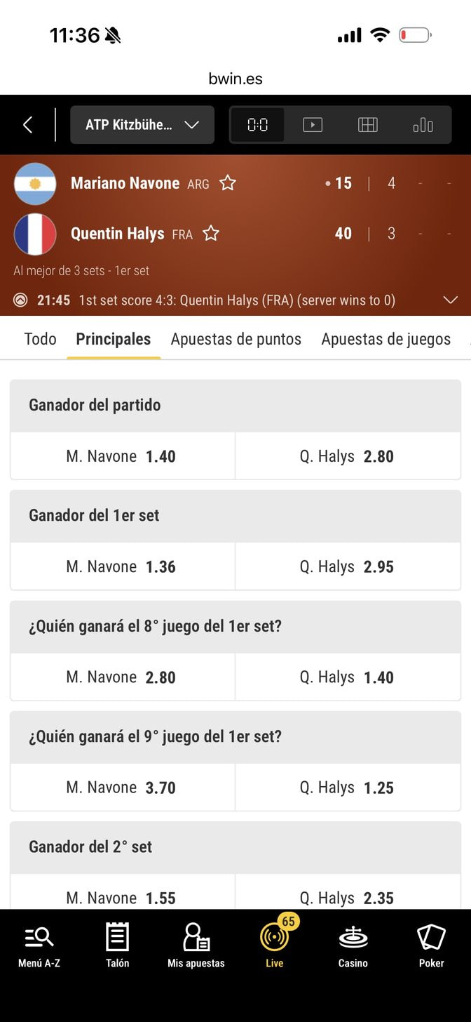 Captura de pantalla de bwin con las apuestas en vivo disponibles en un partido de tenis