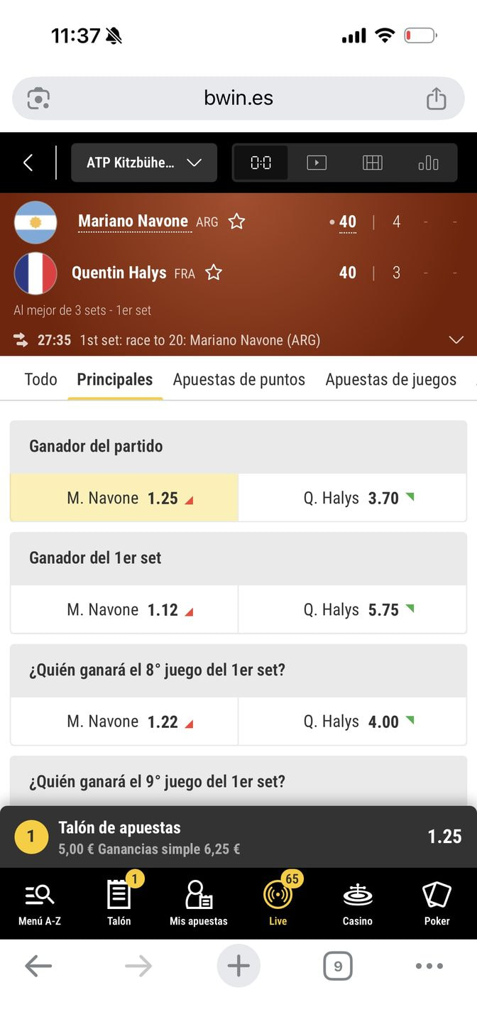 Captura de pantalla de bwin con una de las apuestas live seleccionada
